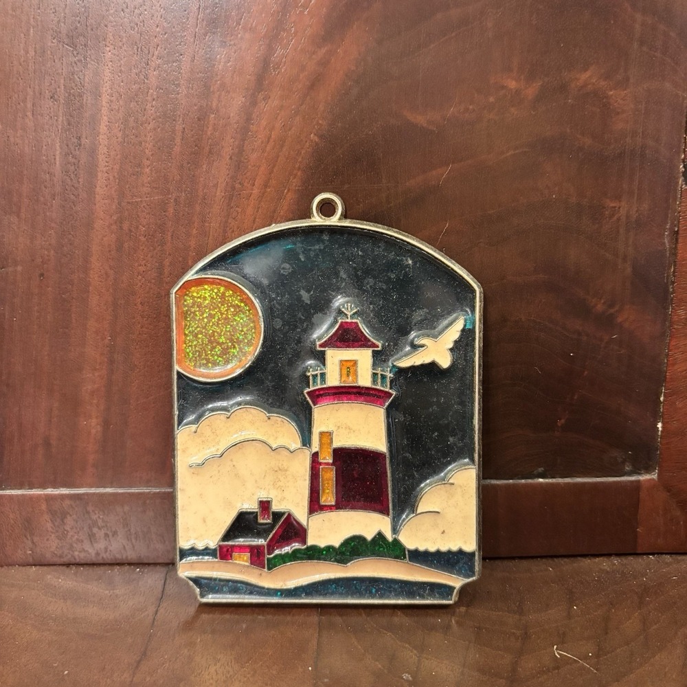 Vintage Red Lighthouse Stained‎ Glass Suncatcher Window Hanging Nautical Coastal